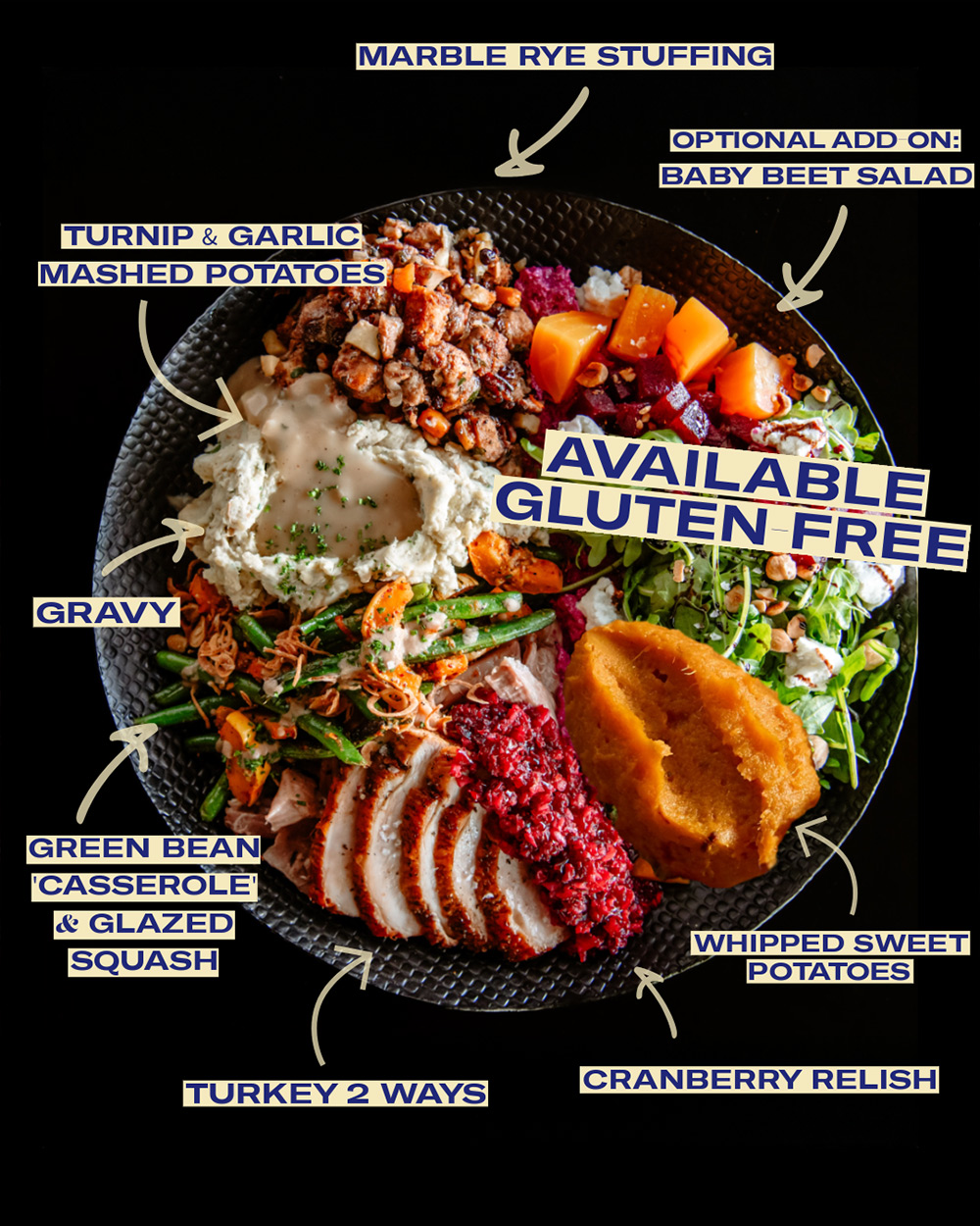 Edible Beats - Thanksgiving Plate - Turn & Garlic Mashed Potatoes, Gravy, Green Bean Casserole & Glazed Squash, Turkey 2 Ways, Cranberry Relish, Sweet Potatoes, Baby Beet Salat, Marble Rye Stuffing, Available Gluten Free
